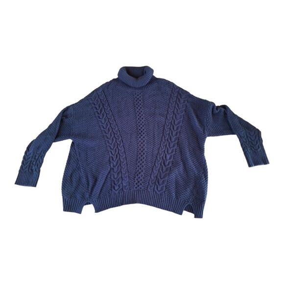 Ana Chunky Cable Knit Boxy Sweater Pullover Turtleneck Cotton Blend Black XXL - Picture 3 of 11
